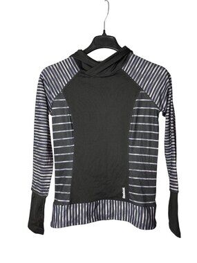 Reebok Womens Running Hoodie Hooded Sweatshirt S Pullover Striped Thumbholes